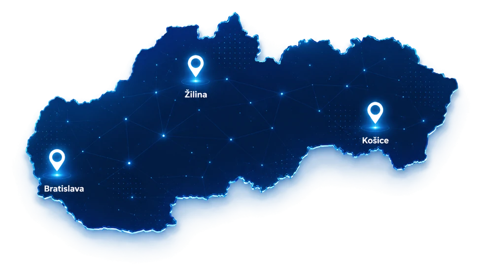 Mapa Slovenska s vyznačenými bodmi podpory v Bratislave, Žiline a Košiciach