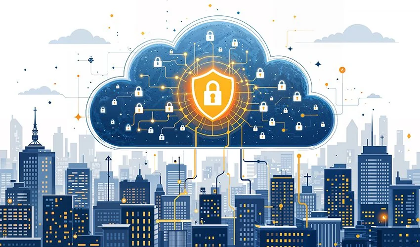 Cloud infrastructure with symbols of security and data protection