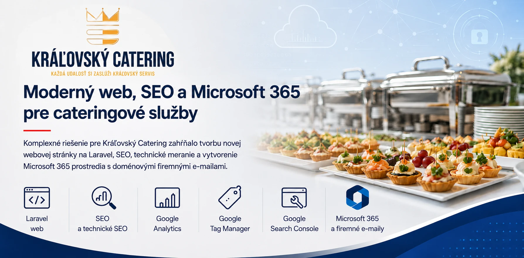 Náhľad referencie webovej stránky, SEO a Microsoft 365 pre Kráľovský Catering