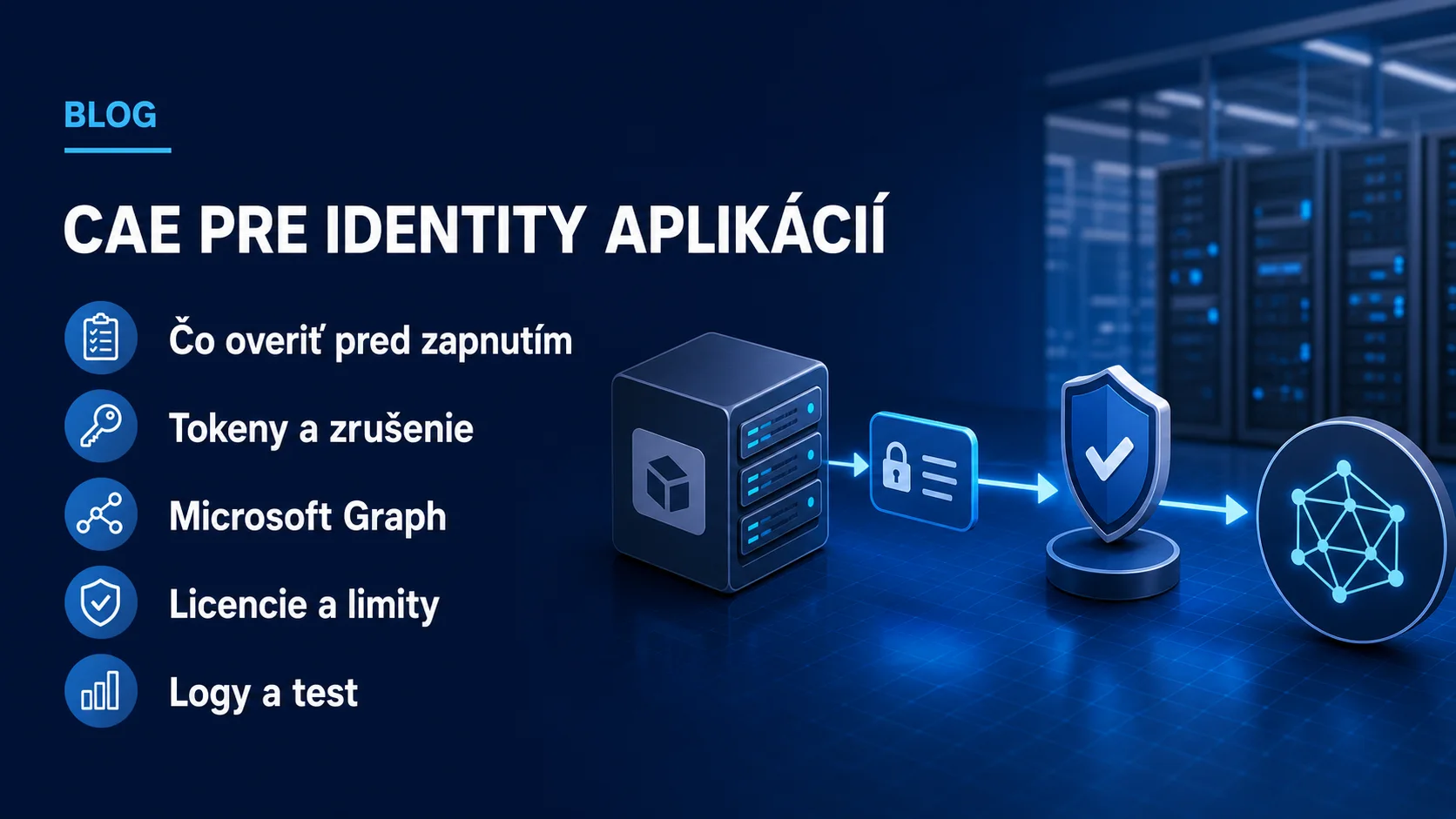Redakčný titulný vizuál o CAE pre identity aplikácií s tokenom, ochranou a prepojením na Microsoft Graph