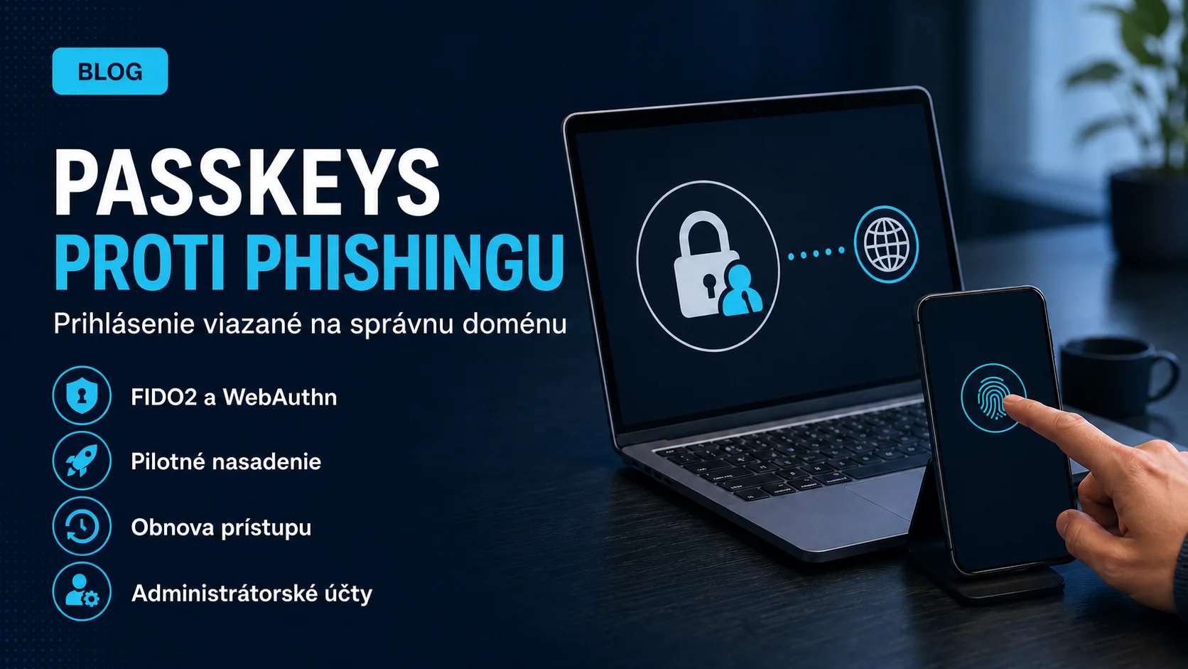 Slovak editorial cover about phishing-resistant passkeys, FIDO2, WebAuthn, pilot deployment, account recovery and administrator accounts