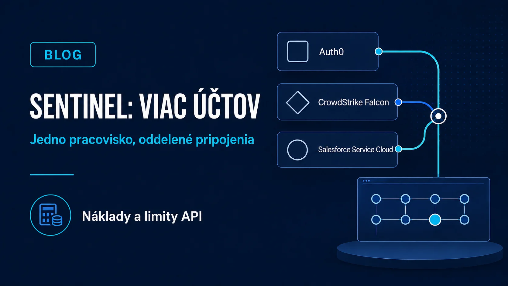 Redakčný titulný vizuál o viacerých účtoch v konektoroch Microsoft Sentinel so samostatnými zdrojmi a jedným bezpečnostným pracoviskom