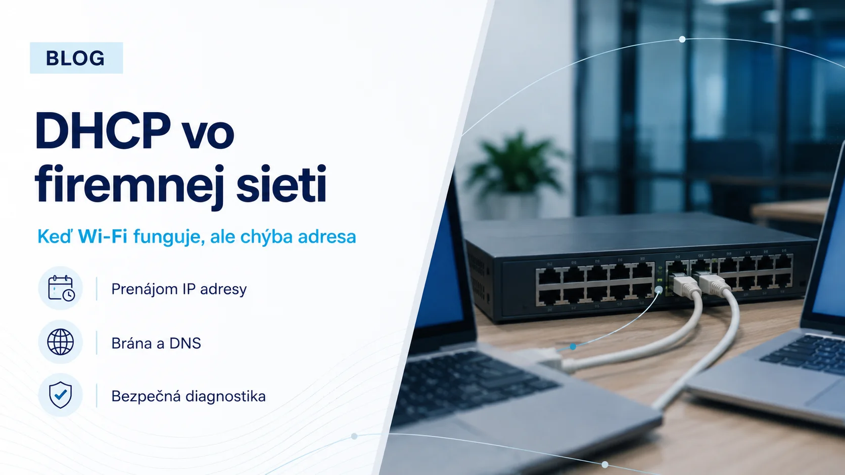 Titulná karta o DHCP s notebookmi a sieťovým switchom.