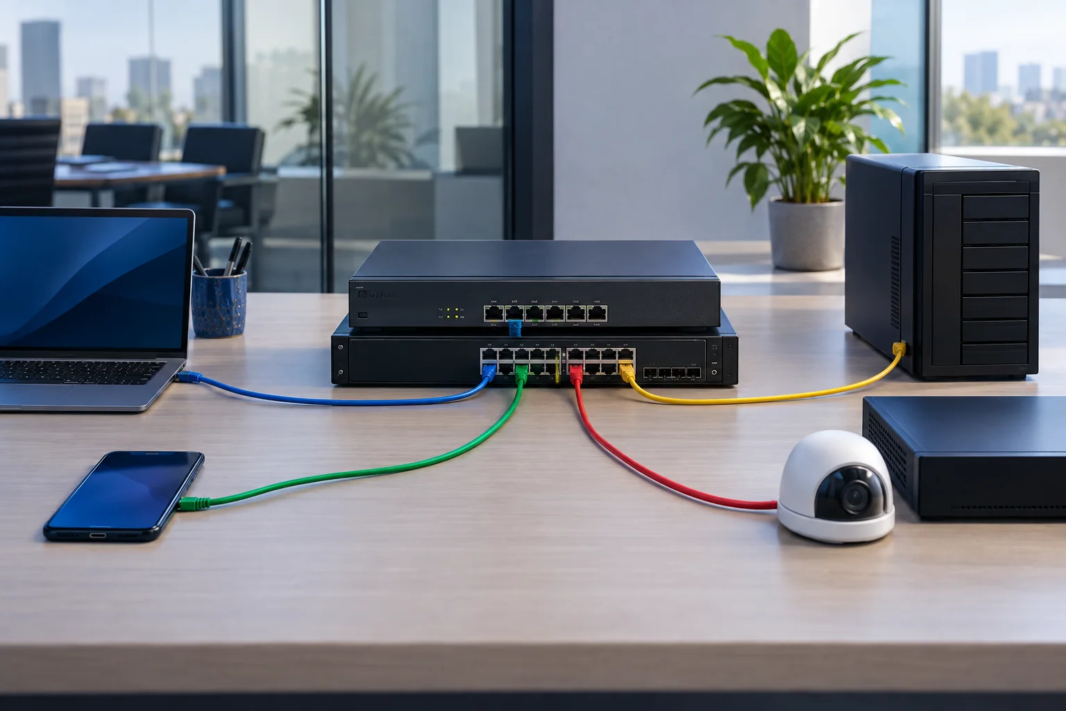 Company computers, servers, cameras and guests separated into distinct VLAN segments.